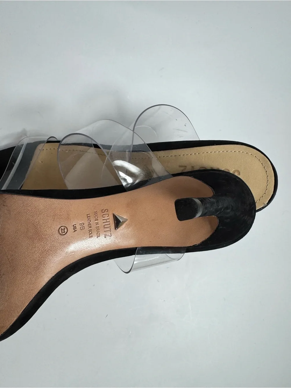 SCHUTZ Black and Clear PVC Strap Heeled Sandals
